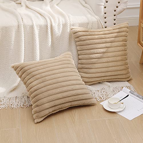 Pallene Faux Fur Plush Throw Pillow Covers 24x24 Set of 2, Luxury Soft Fluffy Striped Decorative Pillow Covers for Sofa, Couch, Living Room, Khaki