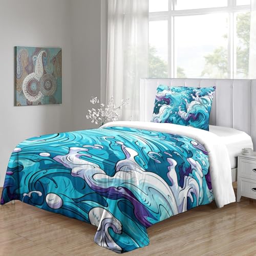 Housse de couette vagues mer microfibre parure lit 3 pièces - 5