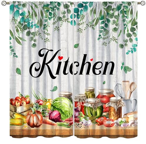 wlsgdsg Farmhouse Kitchen Blackout Curtains Country Fork and Spoon Cook Theme Rustic Cafe Window Curtains Barn Wooden Wood Plank Print Windows Treatments for Dining Room Living Room Bedroom 72X63in