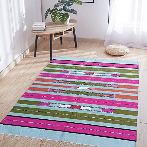 Budhrajrugs Handwoven 4x6 Multicolour Cotton Kilim Dhurrie Rug � Ideal Durry Mat for Living Room, Bedroom, Office � Stylish Dari Rug for Layered and Cozy Home Decor