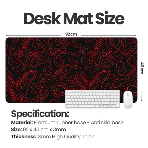 Image of Extended Desk Mat 458 x 915 mm | Premium Abstract Desk Mat with Stitched Edges | 3mm Thick Non-Slip Desk Pad for Gaming, Office & Workstation (Black-Red Topography Abstract)