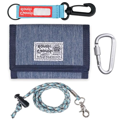 Rough Enough Kids Wallet for Boys Teen Men with Neck Lanyard Keychain in Cool Classic Denim Blue Canvas