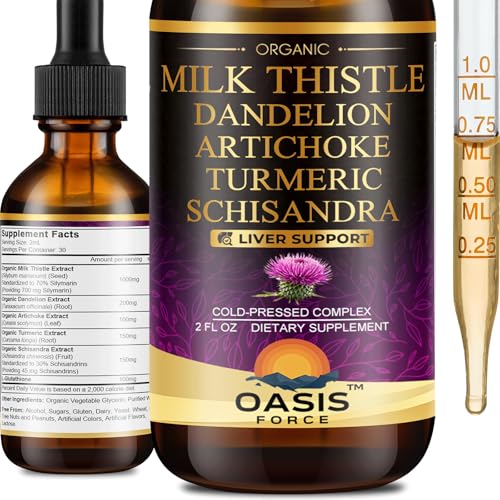 OASIS FORCE Organic Milk Thistle Extract Liquid Silymarin Milk Thistle Drops Supplement with Dandelion & Artichoke for Digestive Health Daily Vitality & Liver Support Vegan Alcohol-Free 2 FL OZ
