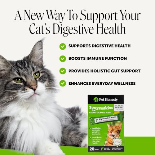 Image of Cat Probiotic Lickable Treats for Digestive Health - Squeezable Puree Pouches for Cats - Feline Constipation + Promotes Stool Regularity, Prebiotics Fiber Gut Flora Sensitive Stomach (Salmon, 20 Ct)