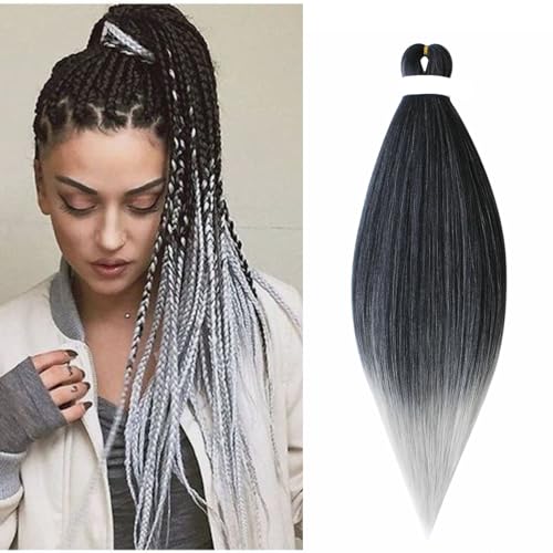 Gairyan Extensiones para Trenzas Africanas Cabello 1 Pieza Ombre 26inch Natural Yaki Textura Pre-Stretched Braiding Hair Easy Trenzas Pelo Sintético Profesional para Trenzado (Negro&Gris)
