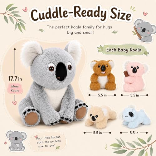 Image of Koala Plush Toy with Babies, 17.7 inch Wild Animal Stuffed Animal