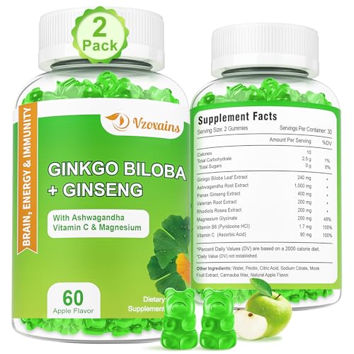 VZOXAINS 2 Packs 240mg Ginkgo Biloba Gummies Supports Healthy Brain Function Mood and Memory Support for Adults 120 Cts