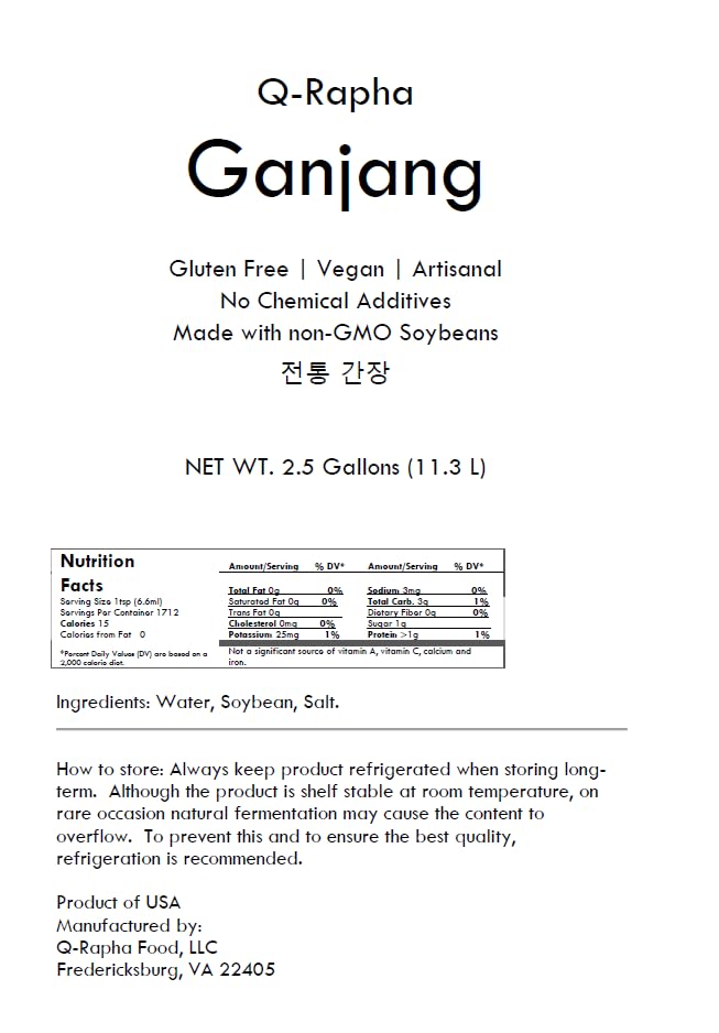 Q-Rapha Premium Korean Ganjang (Soy Sauce), Gluten-free, Non-GMO, Unpasteurized, Artisanal, Aged over 3 Years (2.5 Gallons)