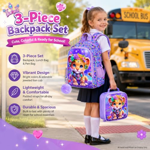 Image of 3Pcs Backpack for Girls, 16 inch Kids Bookbag with Lunch Box,Lion School Backpacks for Elementary Preschool Kindergarten (Purple)