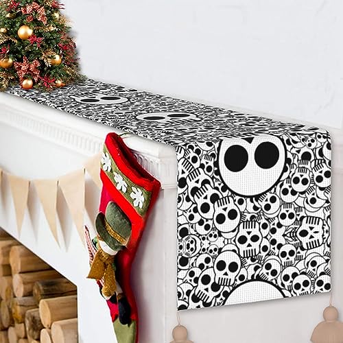 Long chemin de table décoratif crânes noirs et blancs pour une ambiance de Noël rustique