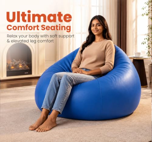 Image of Sattva Classic 2XL Bean Bag Chair with Beans Filled | Faux Leather Sofa Style Beanbags with Filled Beans | Pre-Filled Beans Bag with Beans for Adults | Large Bin Bags Sofa - Royal Blue