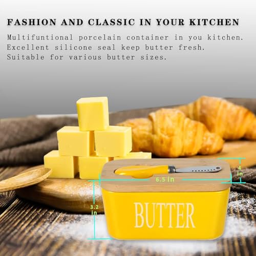 Image of Ceramic Butter Dish with Wooden Lid, Airtight Butter Keeper for Counter or Fridge with Stainless Steel Multipurpose Butter Knife, Butter Container with Double High-Quality Silicone(Yellow)