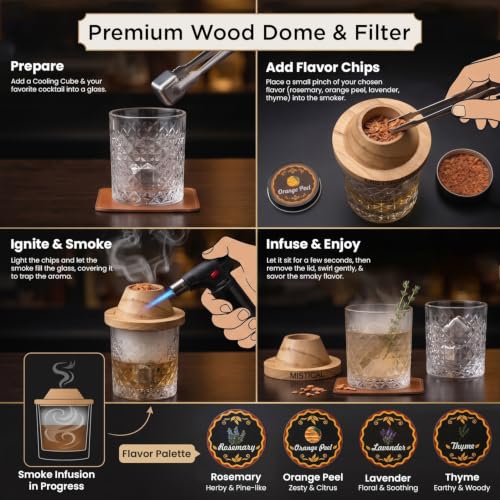 Image of Cocktail Smoker Kit by Perch with Torch | Whiskey & Bourbon Smoke Infuser with 4 Flavor Wood Chips & Smoke Filter | Old Fashioned Cocktail Smoker | Bar Accessories & Gift Set for Men