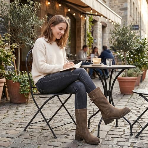 Image of GLOBALWIN Women's Biker Boots Lace up Back Mid Calf Motorcycle Fashion Festival Boots Combat Riding Military Boots for Women