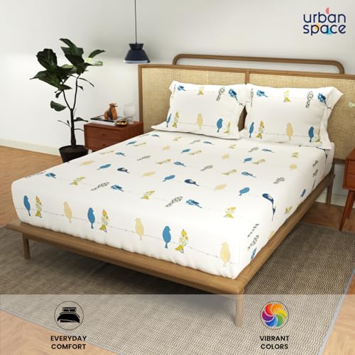 Image of Urban Space Divine 144TC 100% Cotton Printed Bedsheet for Double Bed, Double Bed Sheet Cotton with 2 Pillow Covers and 3 Cushion CoversWith Giftbox (Humming Bird Blue, Size 88 X 100 Inches)