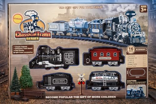 Image of Classical Electric Train Set for Boys - 16 Piece Railway Track Train Set with Light, Sound & Real Smoke Effect - Rechargeable Battery Operated Steam Engine Train Toy with Classic Track Gift