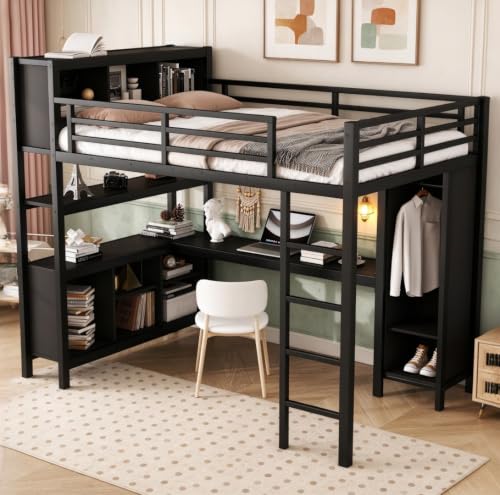 Image of Bellemave Full Loft Bed with Desk, Wardrobe, Storage Cubes and Shelves, Metal, Black