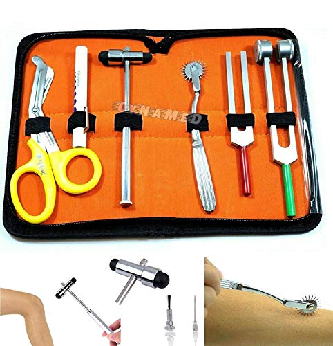 New 6 Piece Medical Student Diagnostic Kit - Reflex Hammer and Tuning Fork Set C 128 and C 512. Includes Wartenberg Pinwheel,Medical Penlight and Premium Steel Bandage Scissor 7.5