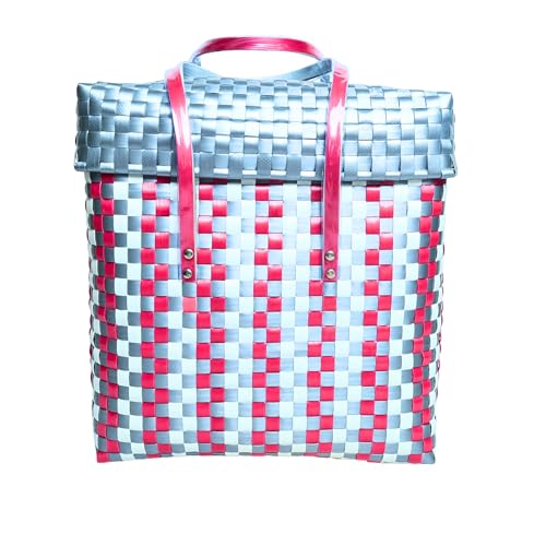 Image of Hand Made Multipurpose Plastic Basket with Lid | Eco-Friendly, Washable, Rust-Free Storage Basket for Kitchen, Picnic, Toys, Travel, Office | Lightweight basket (Grey with Red, XL)