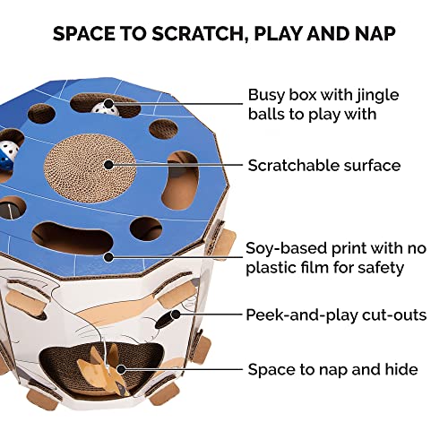 Image of Furhaven Pet Furniture for Cats and Kittens - Tiger Tough Busy Kitty Hideaway Cat Scratcher Playhouse with Puzzle Box, Toys, and Catnip, Cat Print, One Size