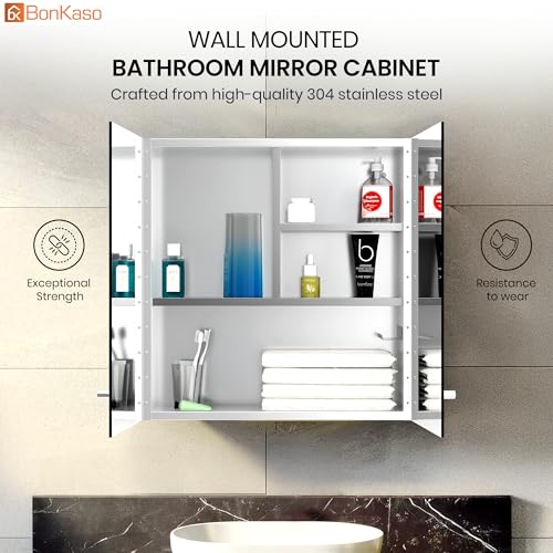 Image of BonKaso Premium SS 304 Bathroom Mirror Cabinet | Wall-Mounted Stainless Steel Storage Cabinet with Frameless Mirror (18x18 Inch, Chrome Finish)