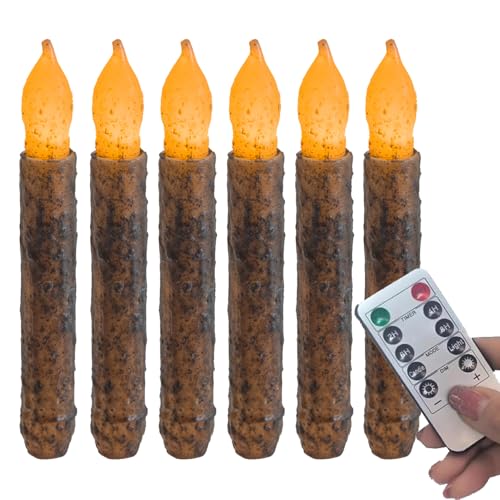 Image of 6PCS Primitive Taper Candle with Timer Remote Control,Real Wax Hand Dipped Rustic Flameless Candles Battery Operated for Halloween Christmas Country Home Decor Church