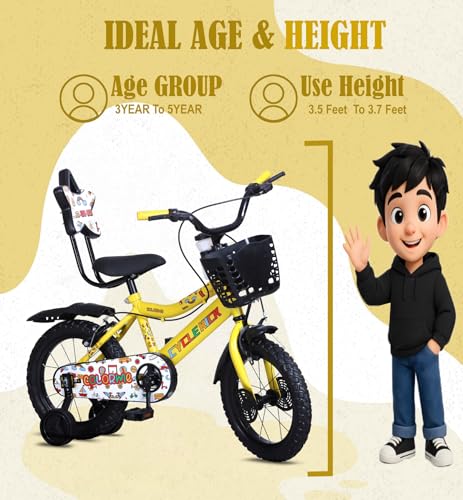 Image of 14T Kids Cycle for Boys & Girls Ideal for Age Group 2-5 Years with Balance Wheel & Back Rest Seat & Water Bottle | Semi Assembled | Rigid Fork | Frame 9 Inch (Yellow)