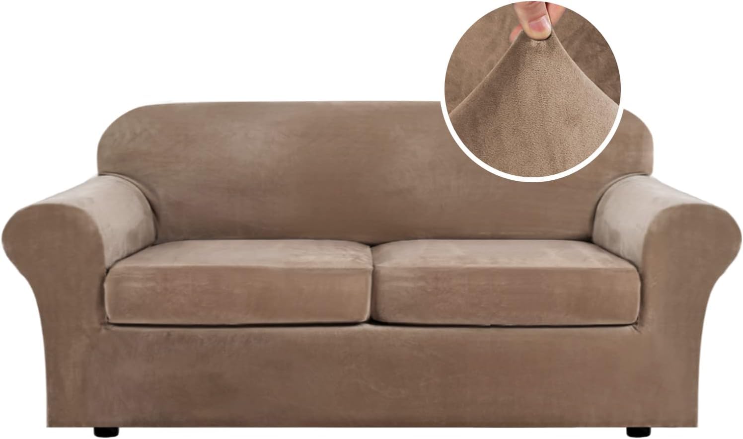 LINGKY Velvet Sofa Cover 2 Seater With 2 Separate Sofa Seat Cushion Covers, Stretch Couch Cover Non-Slip Sofa Slipcovers for Living Room Furniture Protector (Camel,Large 2 Seater)