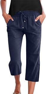 2025 - Pantalones de lino casuales 3/4 de color liso para mujer con bolsillos con cordón en la cintura Pantalones de rehabilitación cortos para mujer
