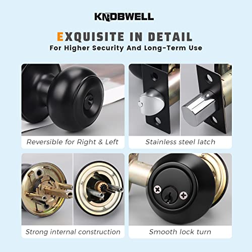 Knobwell 1 Pack Entry Door Knob And Double Cylinder Deadbolt Set In Matte Black, Keyed Alike Exterior Door Lock Set With Deadbolt, Door Locks With Double Keyed Deadbolt For Entrance And Front Door #TOP5