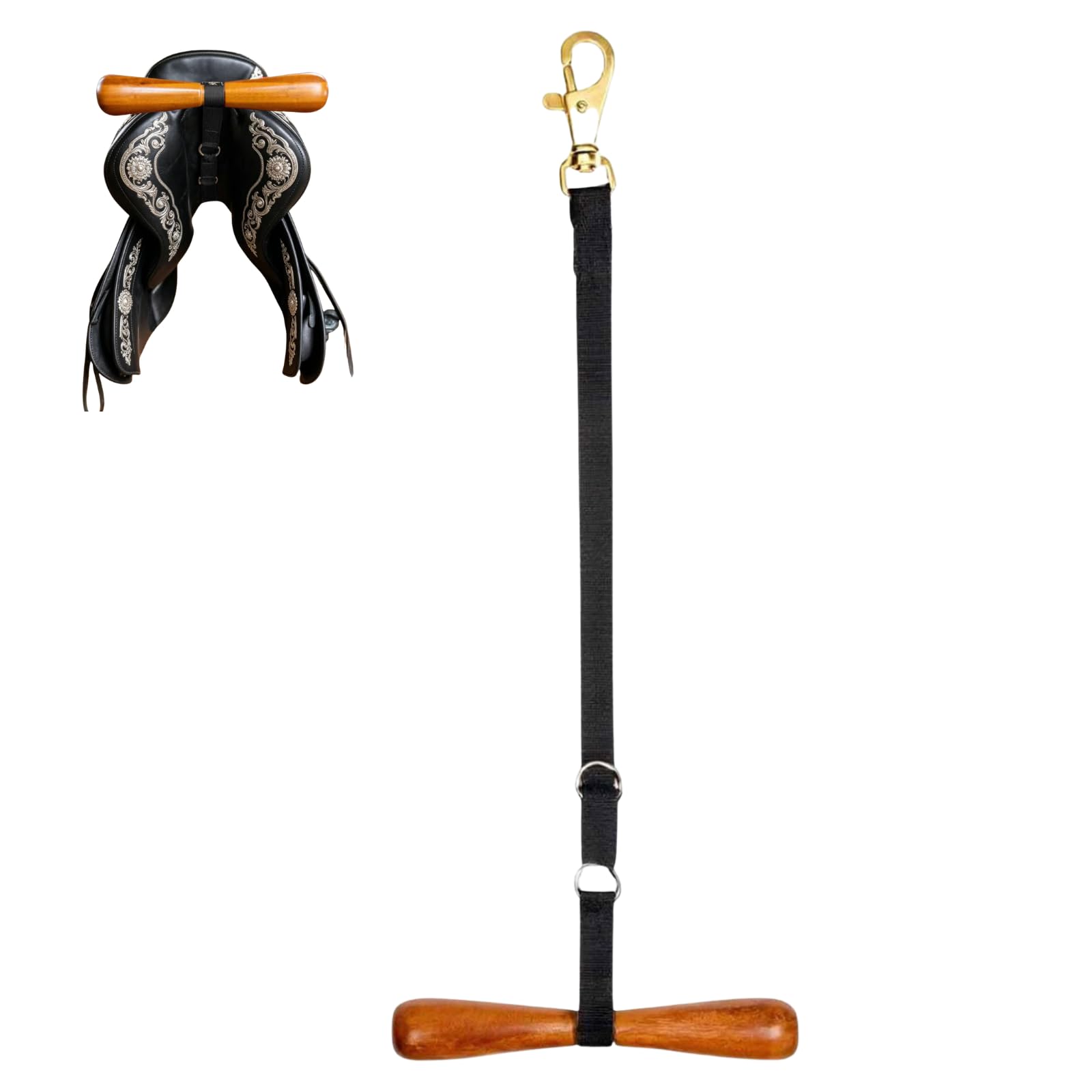 Saddle-Shaped T-Shaped Hanger, Adjustable Hanging Horse Tack Storage, Portable Saddle Rack Holder with T Bar Support Strap, Lightweight Equestrian Gear for Western & English Saddles (Black)