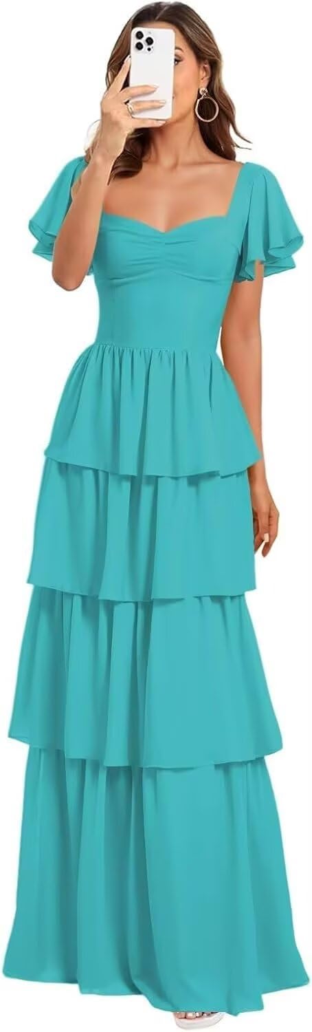 GATMAHE Square Neck Bridesmaid Dresses for Wedding 2026 A Line Ruched Chiffon Tiered Floor Length Beach Wedding Guest Dress