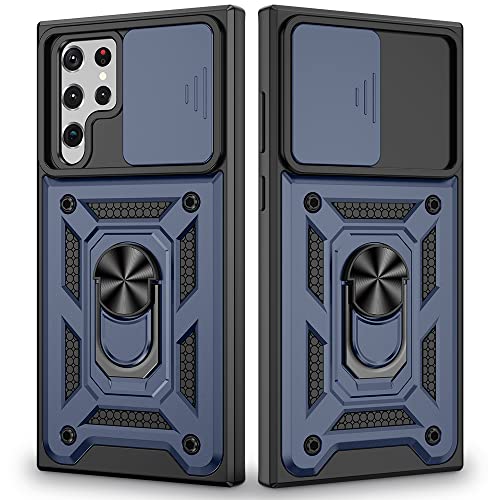 VEGO Compatible for Galaxy S22 Ultra Case with Slide Camera Cover & Kickstand, Built-in 360Â° Rotate Ring Stand Magnetic Cover Case for Samsung Galaxy S22 Ultra 5G 6.8 inch 2022 Released, Blue