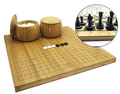 go board 19x19 - Mose Cafolo 2in1 Go Game Set with Reversible Bamboo Go Board 19x19/Chess Game | Measures 17.5 x 18.5 Includes Bamboo Bowls,Yun Zi (云子) Stones, Chessman Classic Strategy Board Game Wei Qi