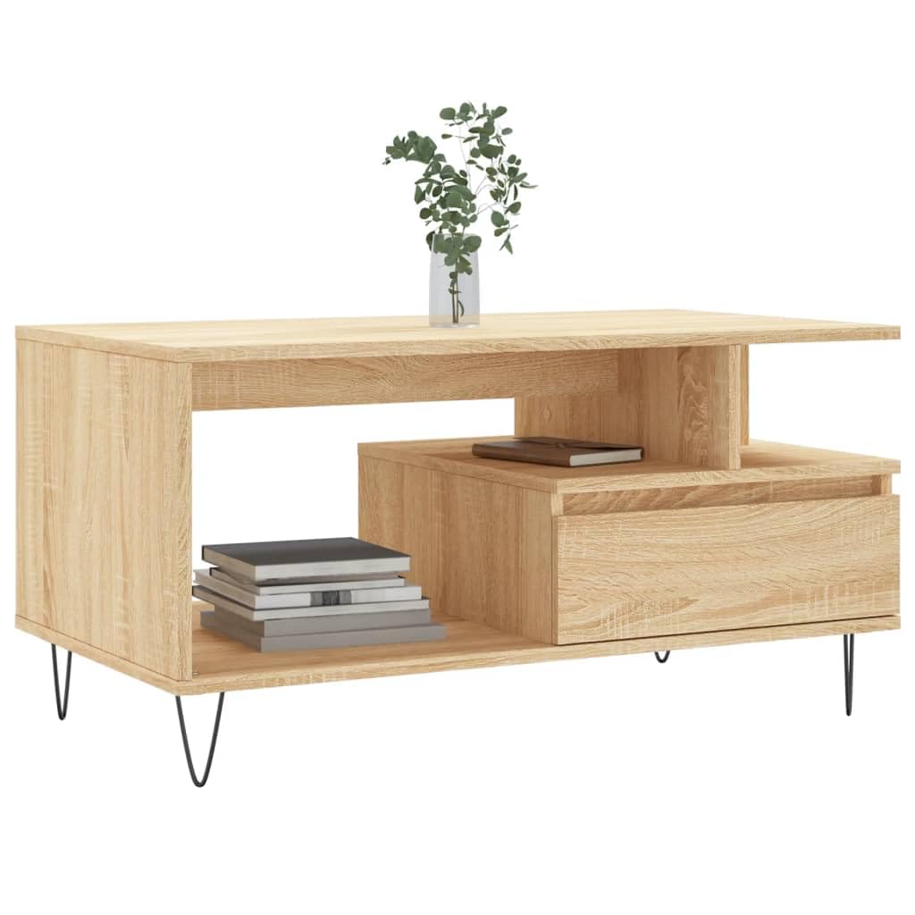 AUVYI Mesa de centro con cajón de roble Sonoma, 90 x 49 x 45 cm, material de madera y metal, mesa de salón con cajones, mesa auxiliar, mesa de sofá, aparador de madera