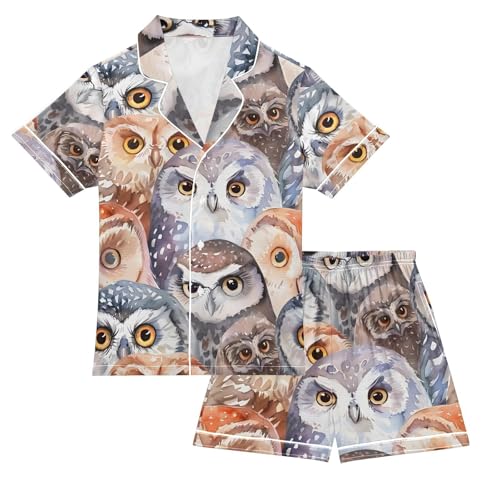 ALAZA Watercolor Animal Owlet Owl Pajamas Satin Pajama Set Short Sleeve Button Down Sleepwear
