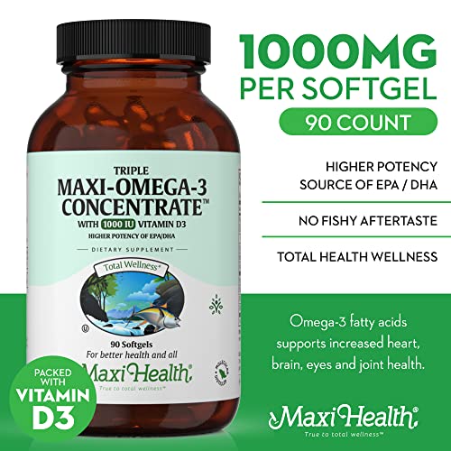 Maxi Health Omega 3 Supplement With Vitamin D3 1000 Iu - Omega-3 Fish Oil Concentrate From Wild Caught Tuna – Kosher – Heart & Joint Health - High Potency Source Of Epa / Dha Fatty Acids - 90 Vegetarian Softgels #TOP1