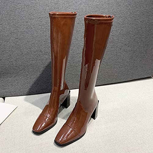 Stylish Plain Thick High Heel Patent Leather Zip Back Boots4