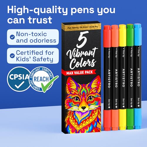 Image of ARTISTRO 5 Precision Dual-Tip Acrylic Paint Markers - Paint Pens Set with Dot & Fine Tips for Fabric, Rock, Glass, Wood, Coloring Books - Arts & Crafts Gift - Classroom Must Haves & School Supplies