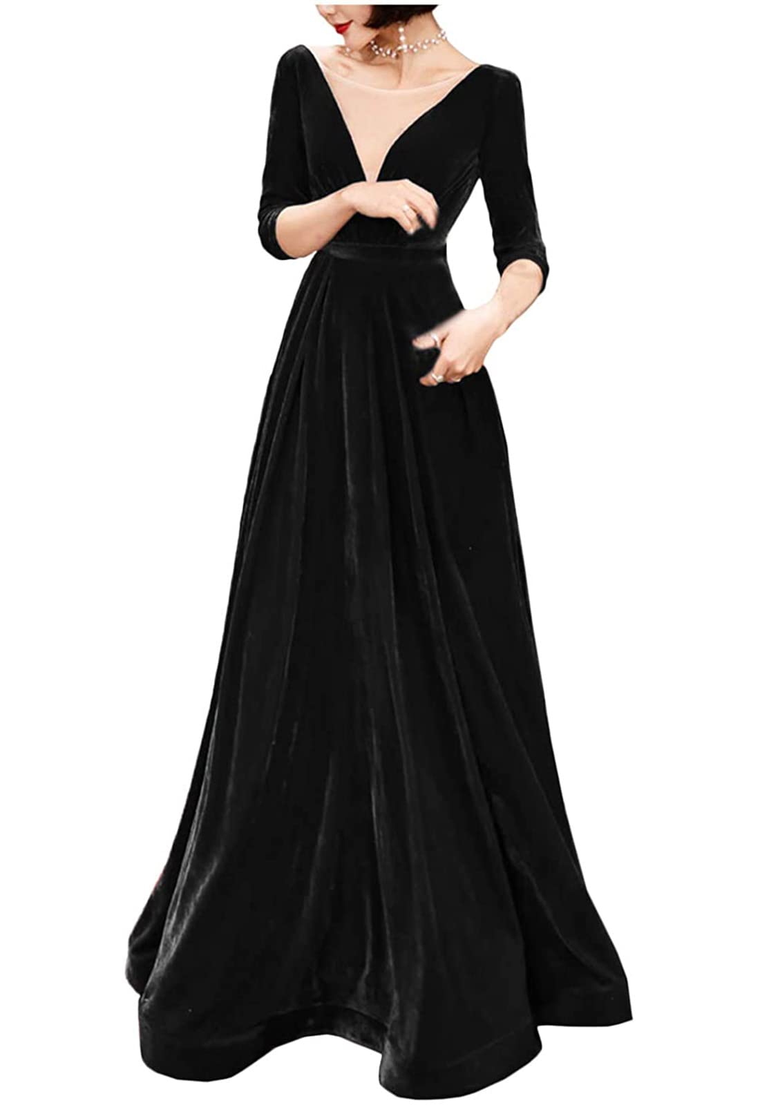 Monalia Women's Deep V Neck Velvet A-line Long Dress Half Sleeve Evening Prom Gown Formal