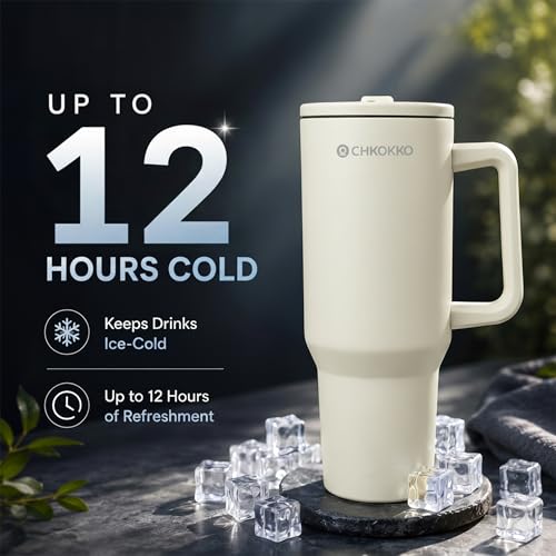 Image of CHKOKKO Stainless Steel Tumbler with Straw & Side Handle 1200ML Leak-Proof Travel Mug | Hot and Cold Double Insulated 1.2L Premium Water Bottle for Travel Gym & Office Use