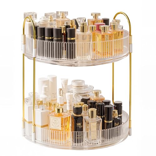 2 Tier Clear Makeup Organizers 360Rotating Cosmetic Storage Bathroom Organiser Large Capacity Makeup Storage Perfume Tray Organizers Storage Skincare Vanity Organiser Bathroom Decor Accessorie