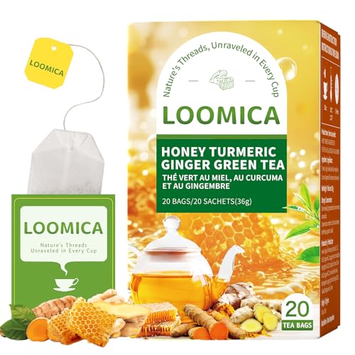 Image of LOOMICA Honey Turmeric Ginger Green Tea, Naturally Caffeinated, Smooth Green Tea Blend with Golden Spice & Honey Flavor, Naturally Uplifting, No Artificial Sugar Added, 20 Count