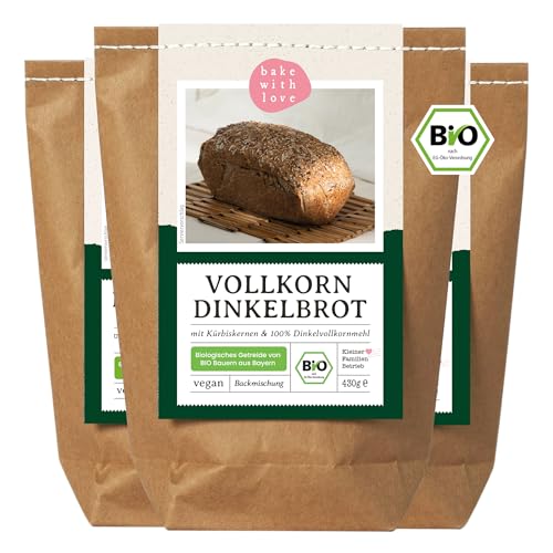 Bio Dinkel Brotbackmischung Vollkorn Dinkelbrot - 100% Bio-Vollkornmehl aus Bayern - Saatenbrot ohne Weizen - für Brotbackautomat & Ofen - Brot backen - Bake with Love - 3er Pack