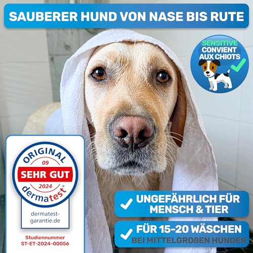 BluePet Mildes Hundeshampoo Gegen Juckreiz, Gerüche & Schmutz 200ml - Rückfettend & pH-Neutral - Für alle Hunderassen, Langhaar & Weißes Fell + Mit Aloe Vera & Jojobaöl