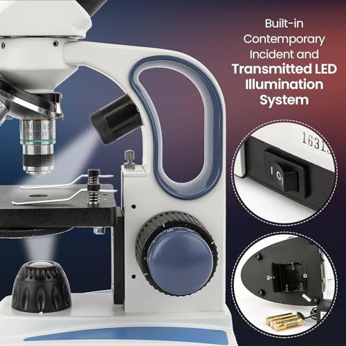 Image of AmScope M158C-2L-E1 Digital Cordless Compound Monocular Microscope, WF10x and WF25x Eyepieces, 40x-1000x Magnification, Upper and Lower LED Illumination with Rheostat, Brightfield, Single-Lens Condenser, Coaxial Coarse and Fine Focus, Plain Stage, 110V or Battery-Powered, Includes 1.3MP Camera and Software