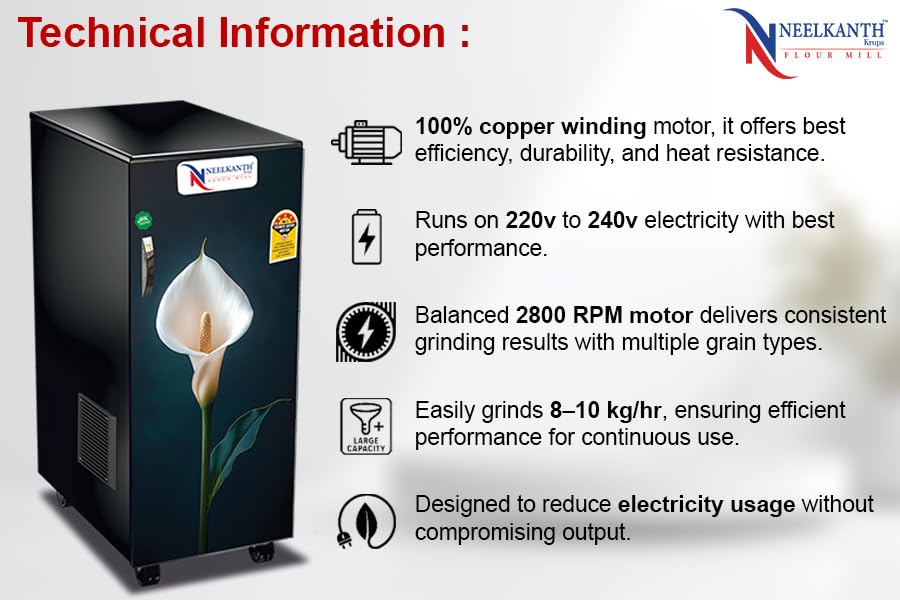 Image of Fully Automatic Domestic Atta Chakki Flour Mill with Inbuilt Vacuum | 8-10 Kg /Hr Grinding | 4.5 Kg Hopper | 2880 RPM Motor | Grinds 50+ Grains & Spices | 7-Year Motor & Lifetime Chamber Warranty