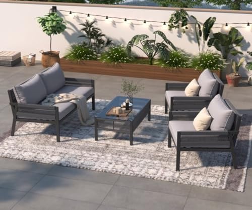 Image of 4 Seater Indoor /Outdoor Rope Woven Patio Conversation Set Powder-Coated Iron Frame Handwoven Weaving Rope Modern Sofa for Balcony,Backyard,Living Room,Waterproof Furniture(Grey)