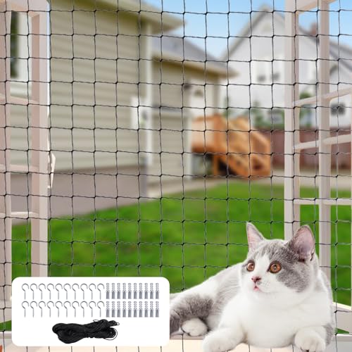 Rete per Gatti In Nylon, Rete Gatti Balcone Nero 3x4m con Gancio per Balconi, Porte, Finestre, Scale e Terrazze, Tagliabile, Traspirante, Resistente Alle Intemperie Senza Trapano, Vista senza ostacoli