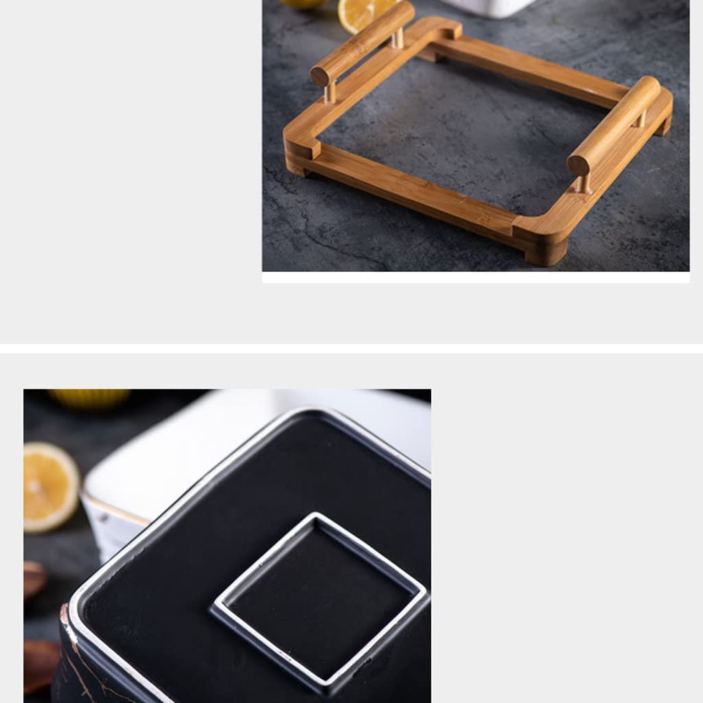 Saladier Bol à Dessert en céramique à Salade en céramique à Motif carré de Fruits en marbre Simple Nordique avec Support en Bois créatif Bol(B2pc,L)